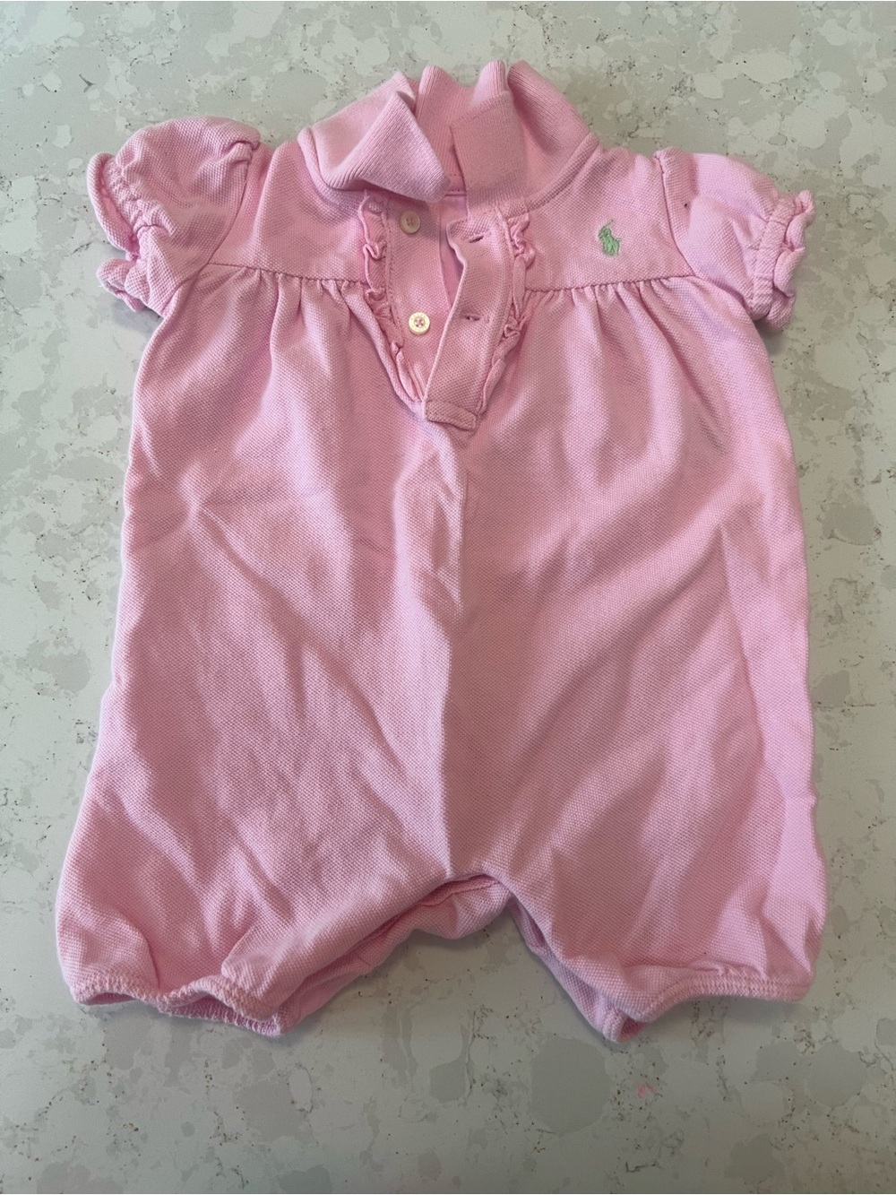 Ralph Lauren Light Pink Polo Romper with Ruffle Trim